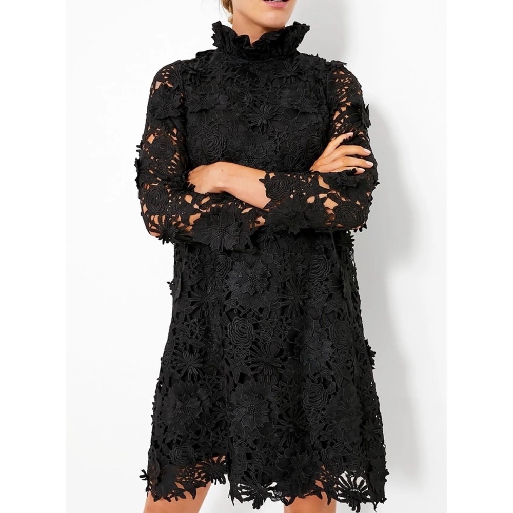 Tuckernuck Black Guipure Lace Daphne Mini Dress XXS Tie Bow Back Neck Shift NEW - Picture 3 of 9